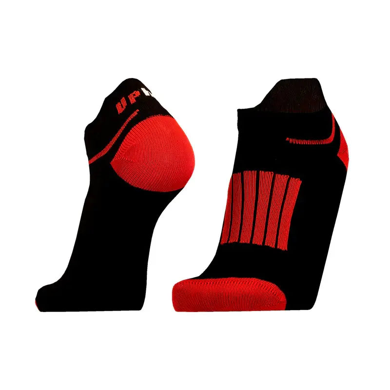 Front low black red running socks side